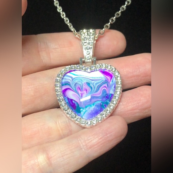 Silver Sparkling Colorful Swirl Heart Pendant Rhinestone Necklace - Picture 5 of 7